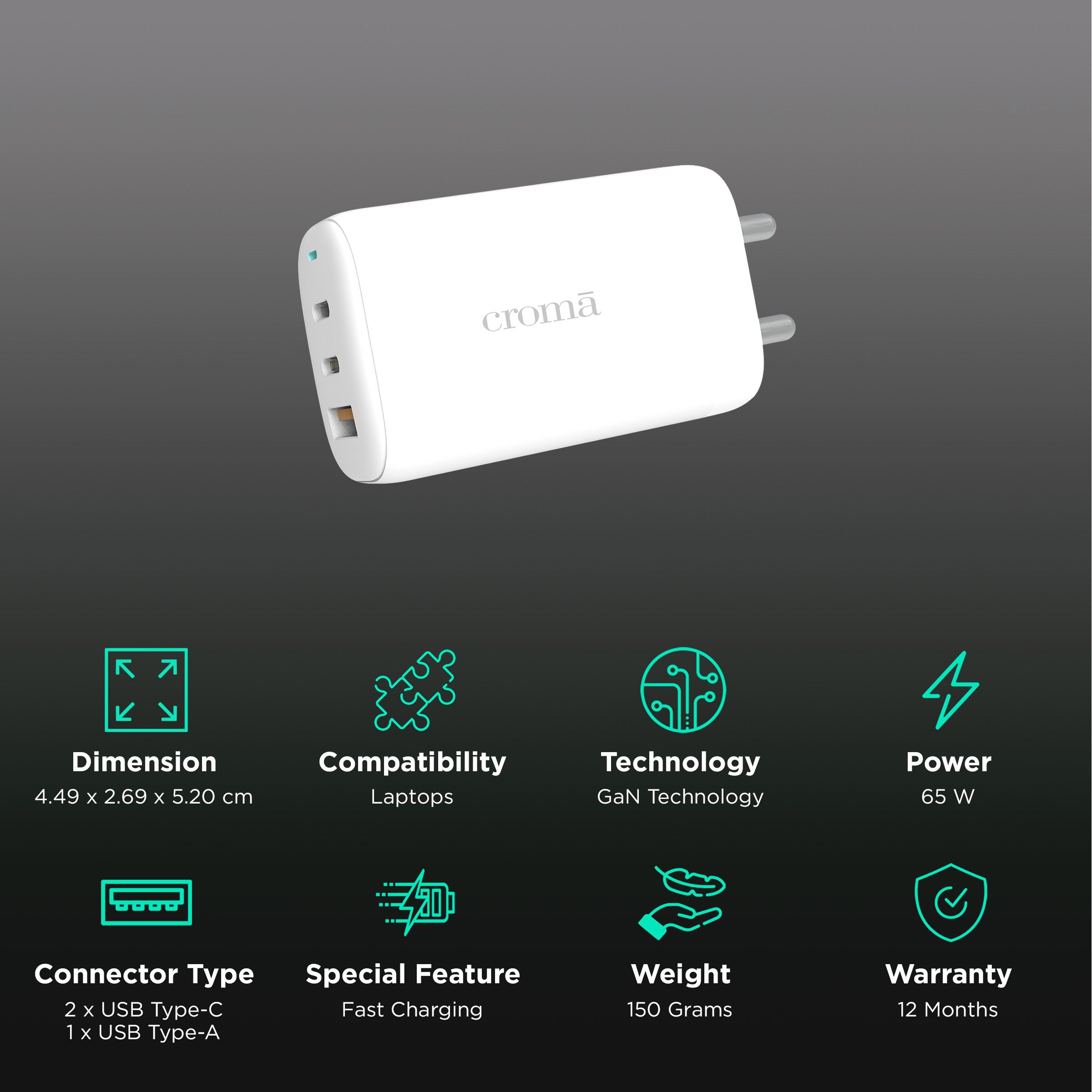 Buy Croma 65W Type A Type C 3 Port Fast Charger Adapter Only GaN 120w-super-fast-charging-cable-usb-type-c-liquid-silicone-cable-quick
